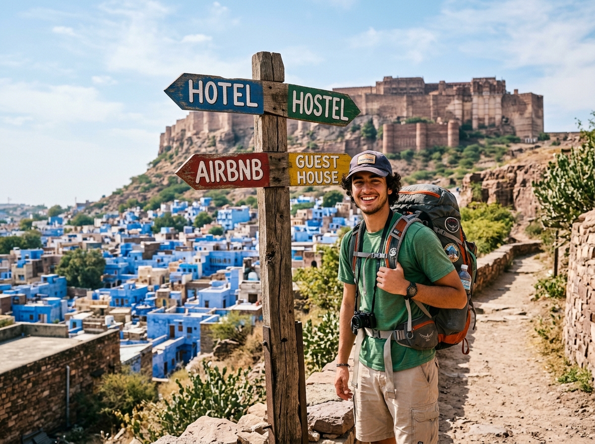 Backpacker looking at Hotel Hostel Airbnb Guest House Signpost in Jodhpur